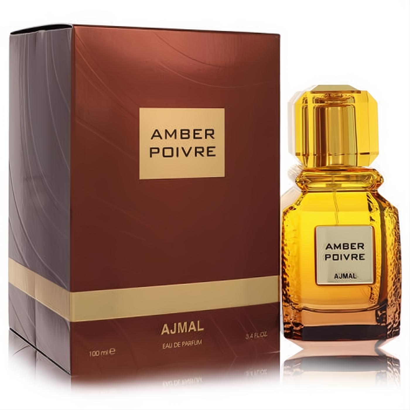 Discover Ajmal Amber Poivre unisex EDP, 3.4 oz. Golden faceted bottle with matching cap and elegant brown box.