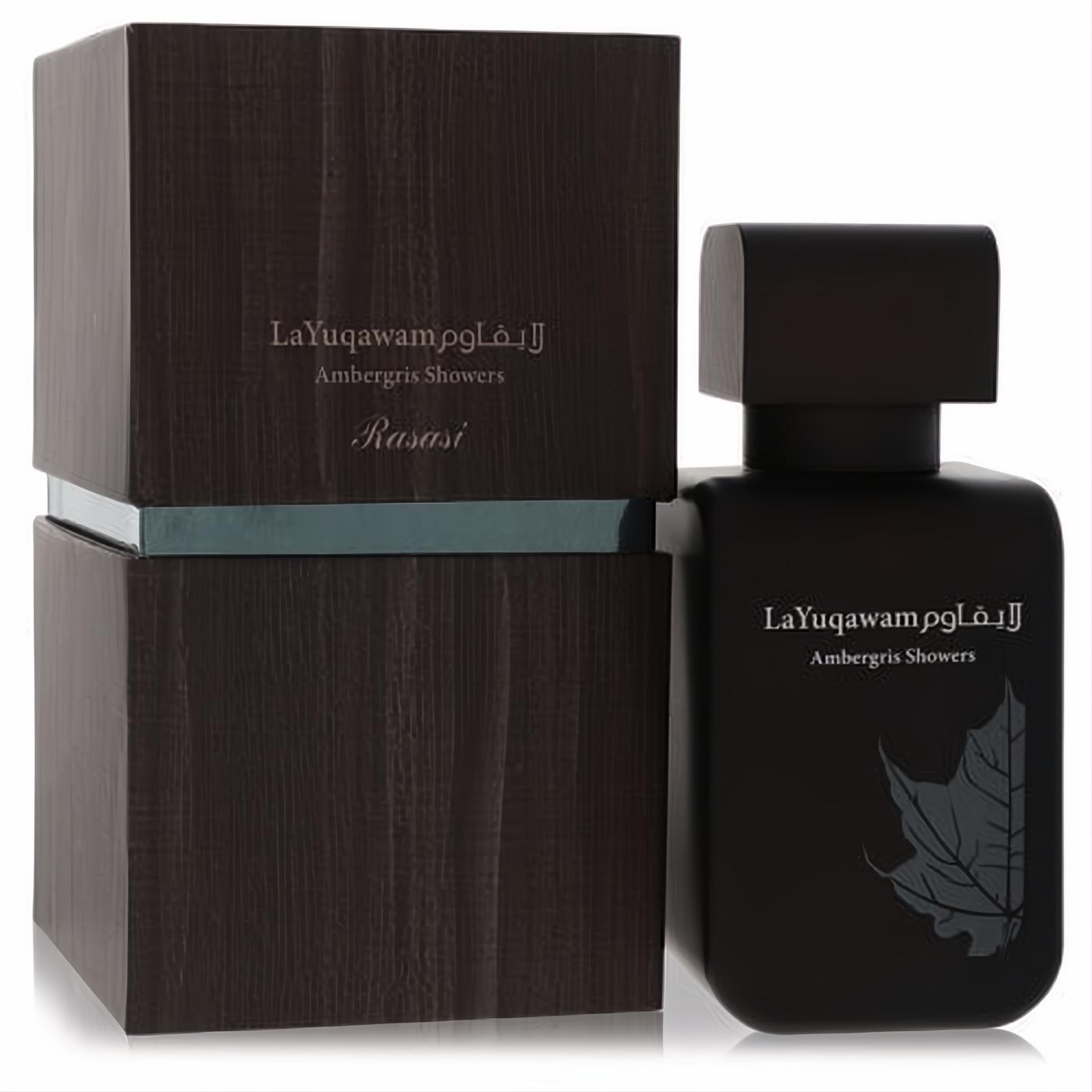 Sophisticated Rasasi Ambergris Showers EDP in a matte black bottle with a subtle leaf design and matching textured dark wood box.