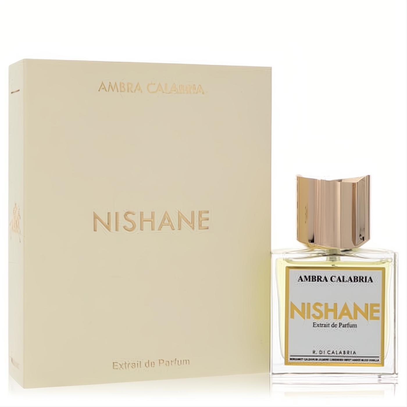 Nishane Ambra Calabria Extrait de Parfum. Sophisticated 1.7 oz clear glass bottle with distinctive gold cap and elegant cream box.