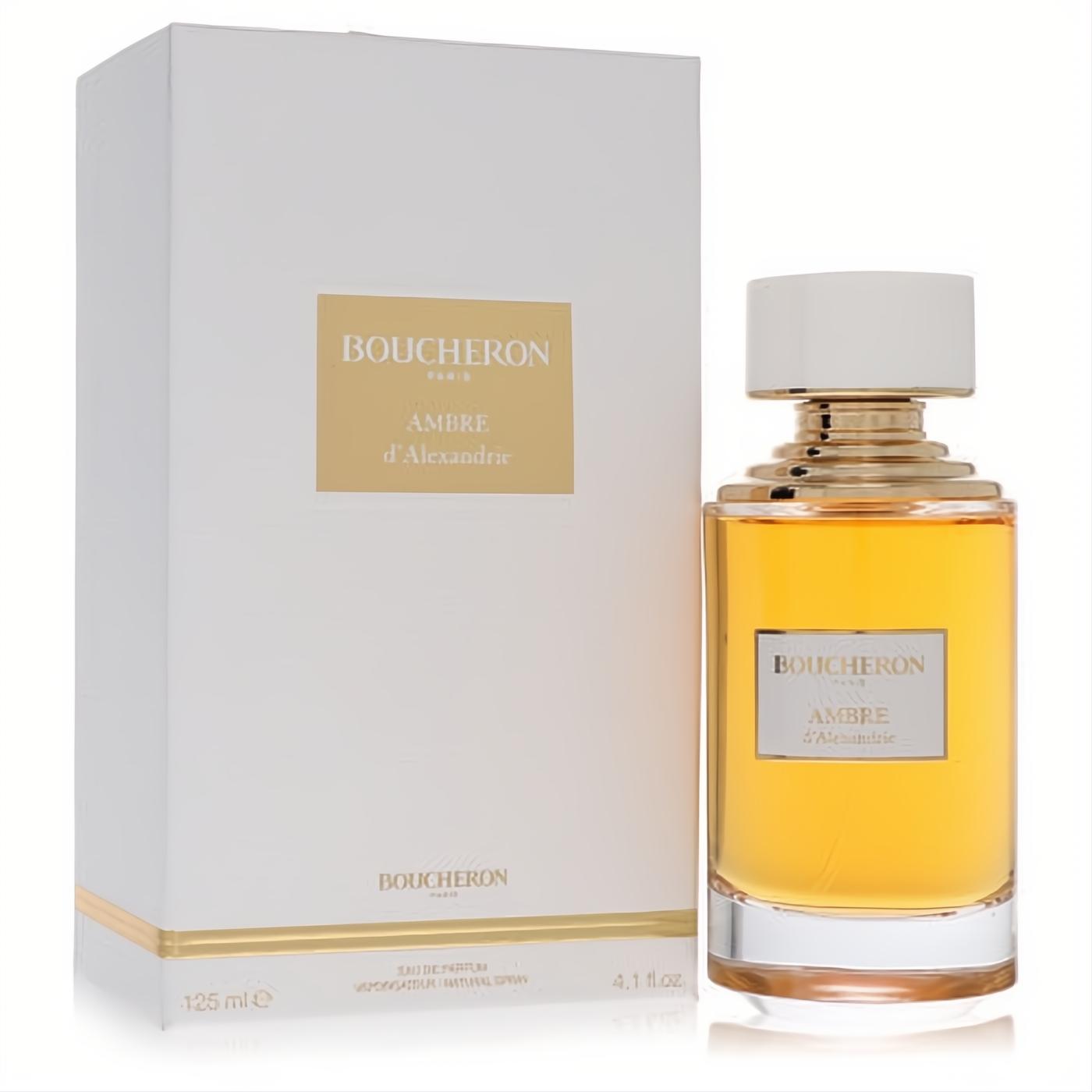 Luxurious Boucheron Ambre D'alexandrie 4.1 oz EDP spray bottle with warm amber liquid and its sophisticated white & gold packaging.