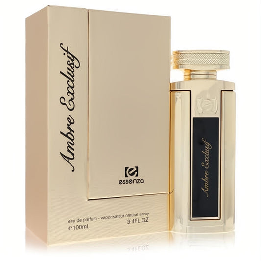Elegant Ambre Exclusif Essenza 3.4 oz Eau de Parfum spray in a luxurious gold bottle with black label and matching box.