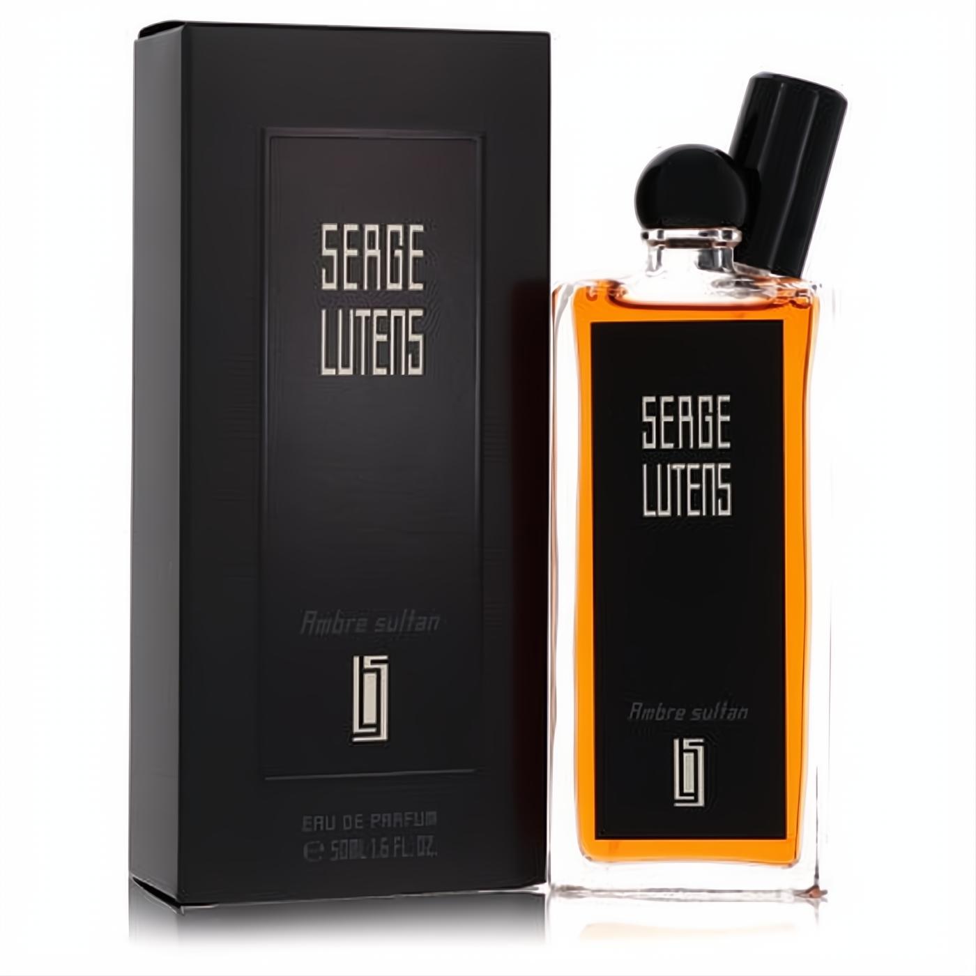Discover Serge Lutens Ambre Sultan unisex Eau De Parfum spray, 1.69 oz, in its clear bottle with warm amber liquid and elegant black box.