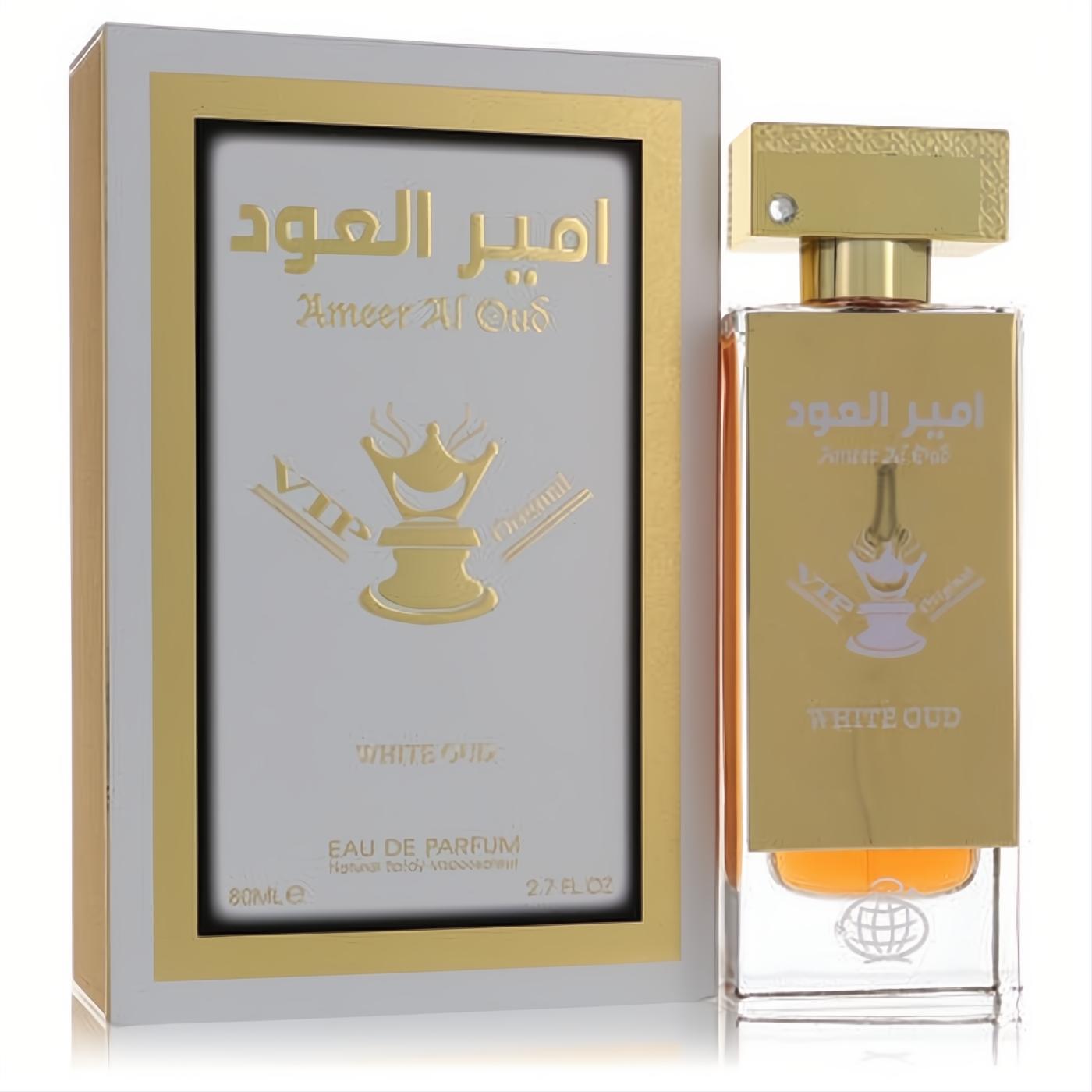 Experience Ameer Al Oud VIP White Oud 2.7 oz unisex EDP. Luxurious gold bottle, clear base, and elegant white & gold box with crown.