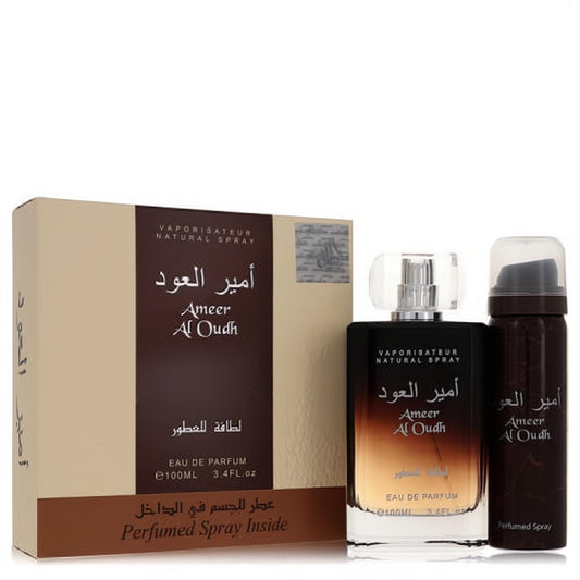 Luxurious Lattafa Ameer Al Oudh men's gift set: dark brown 3.4oz EDP bottle and matching 1.7oz perfumed spray.