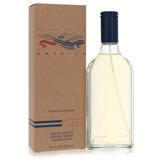 Perry Ellis America 5 oz EDT for men. Clear glass bottle with a sleek blue cap, beside its brown box featuring the iconic eagle logo.