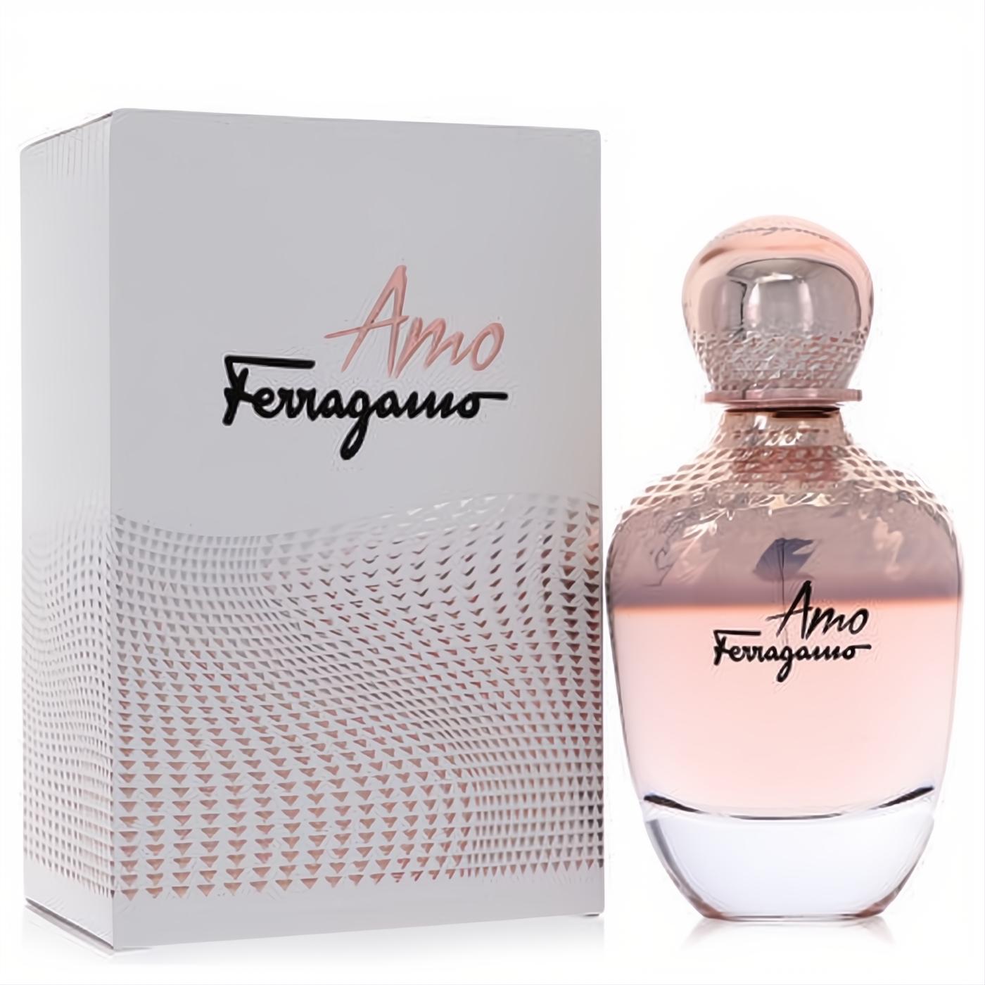 Experience Amo Ferragamo 3.4 oz EDP. Elegant light pink perfume bottle with rose gold cap and matching white box.