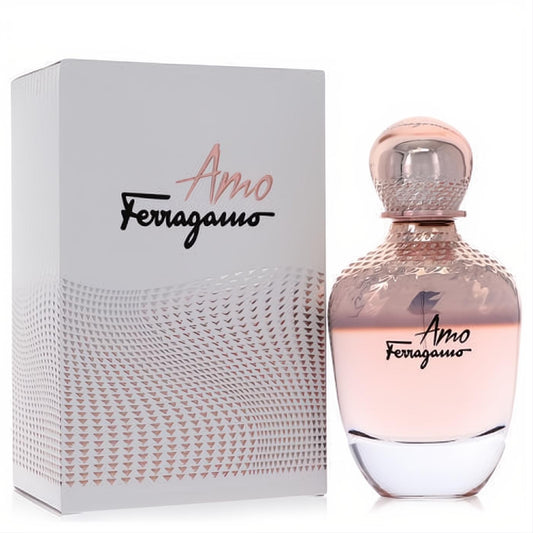 Experience Amo Ferragamo 3.4 oz EDP. Elegant light pink perfume bottle with rose gold cap and matching white box.
