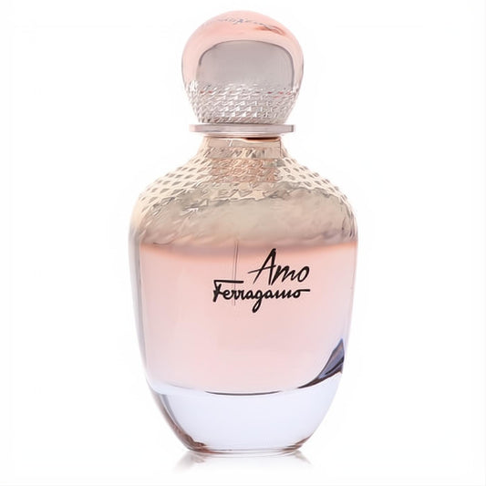 Amo Ferragamo 3.4 oz women's perfume. Elegant pink liquid in a beautifully textured glass bottle with a chic rose gold cap.