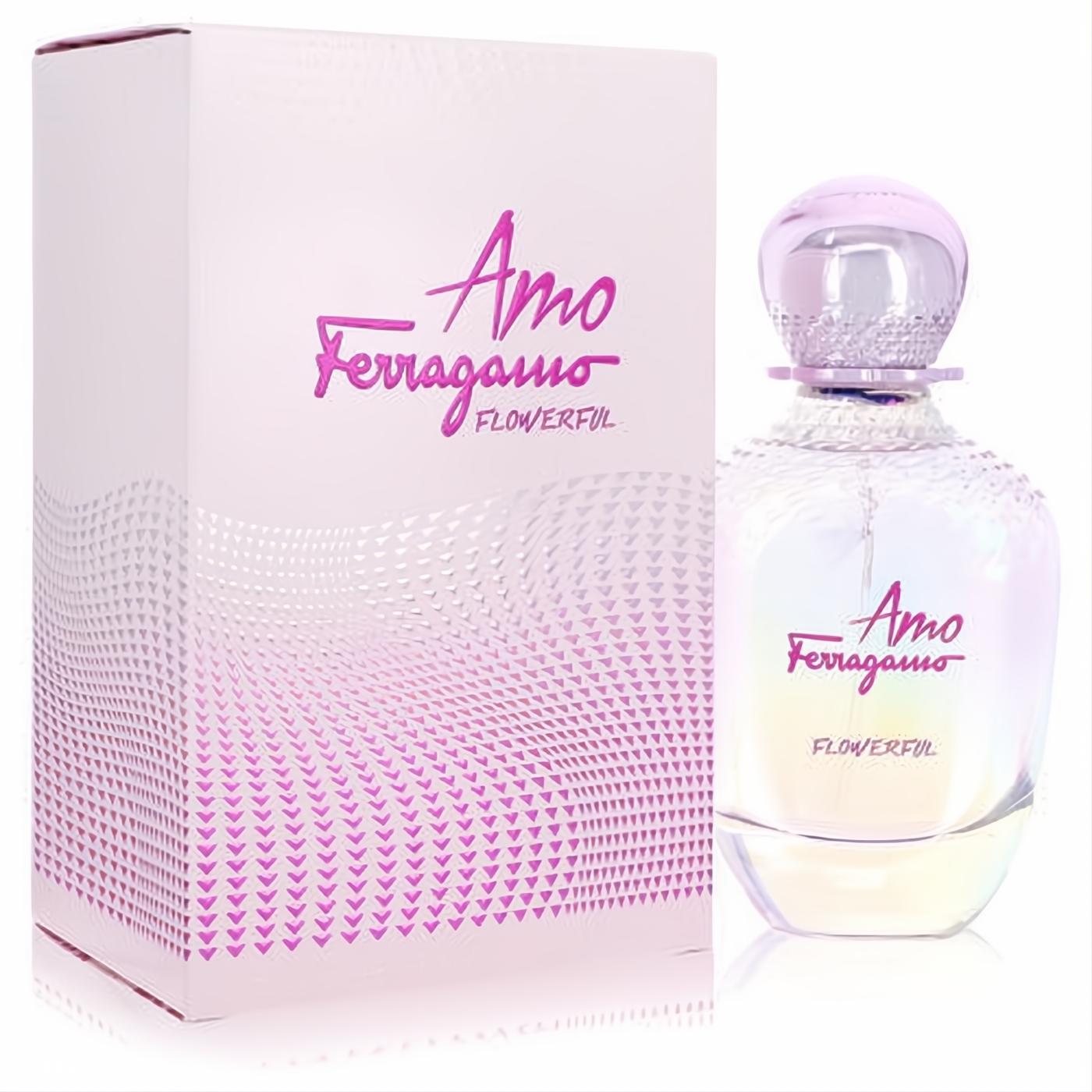 Vibrant Amo Flowerful Ferragamo Eau De Toilette spray. Features an iridescent glass bottle, pink script, and elegant textured design.