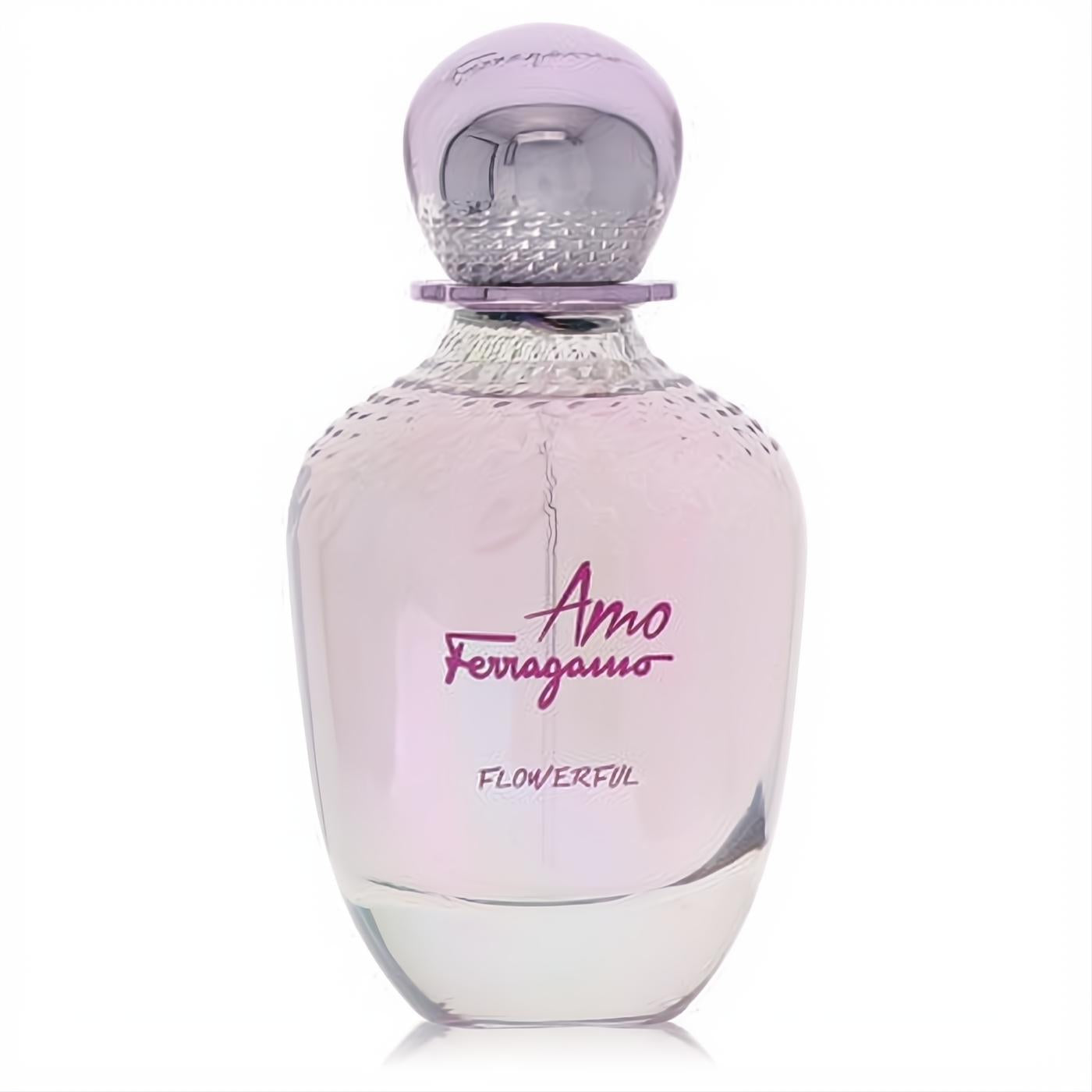 Salvatore Ferragamo Amo Flowerful women's perfume, 3.4 oz, in a stunning pink iridescent bottle with a lavender cap.