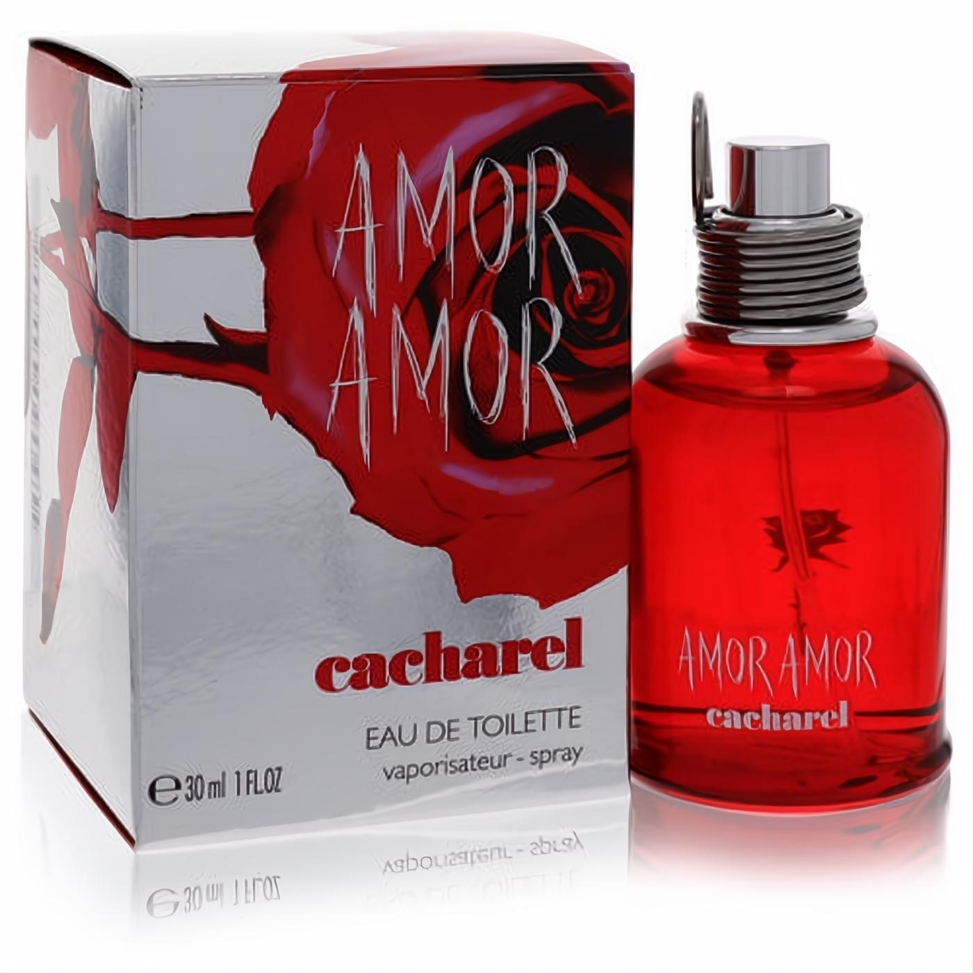 Cacharel Amor Amor 1 oz EDT spray: a striking red glass bottle with a unique coiled silver cap, presented with its rose-themed box.