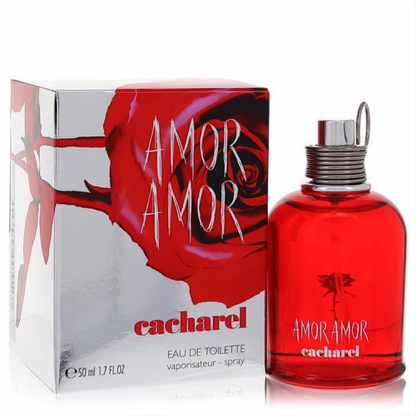 Amor Amor by Cacharel 1.7 oz EDT spray: captivating red glass bottle with silver cap, alongside its iconic rose-adorned box.