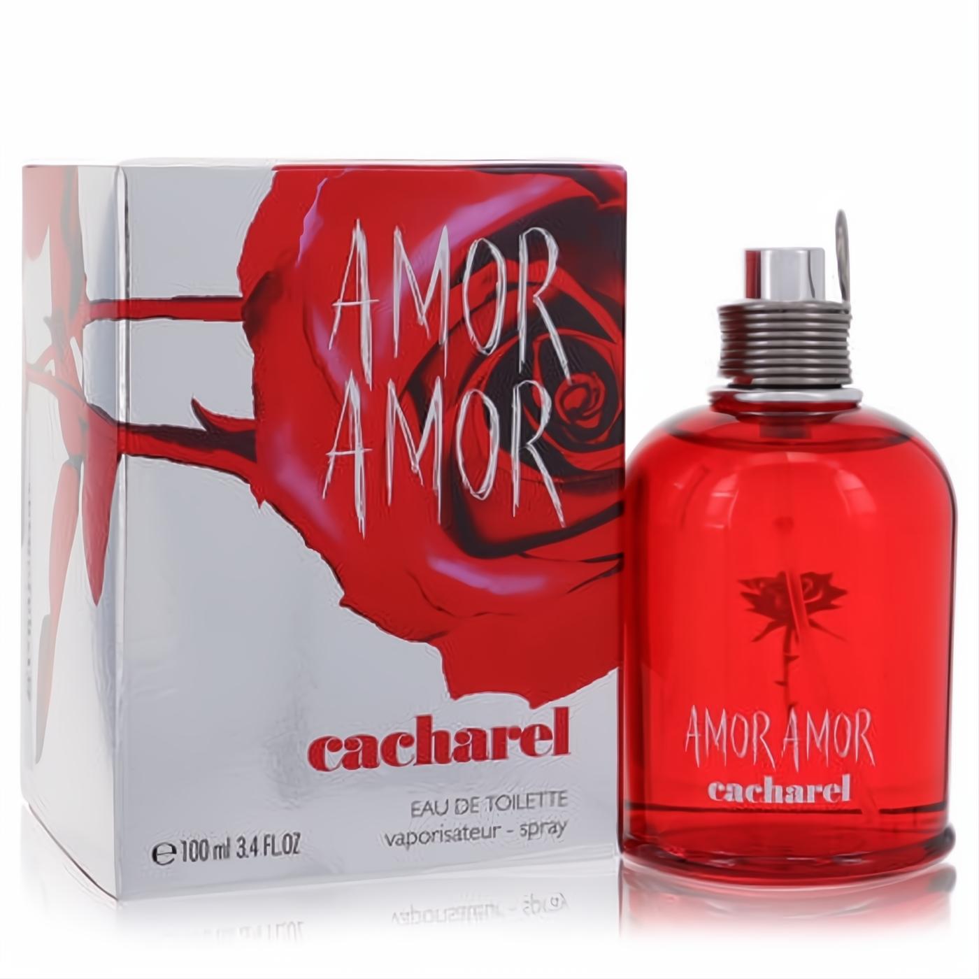Bold red Cacharel Amor Amor 3.4 oz Eau De Toilette spray bottle with silver cap and elegant rose-designed box.