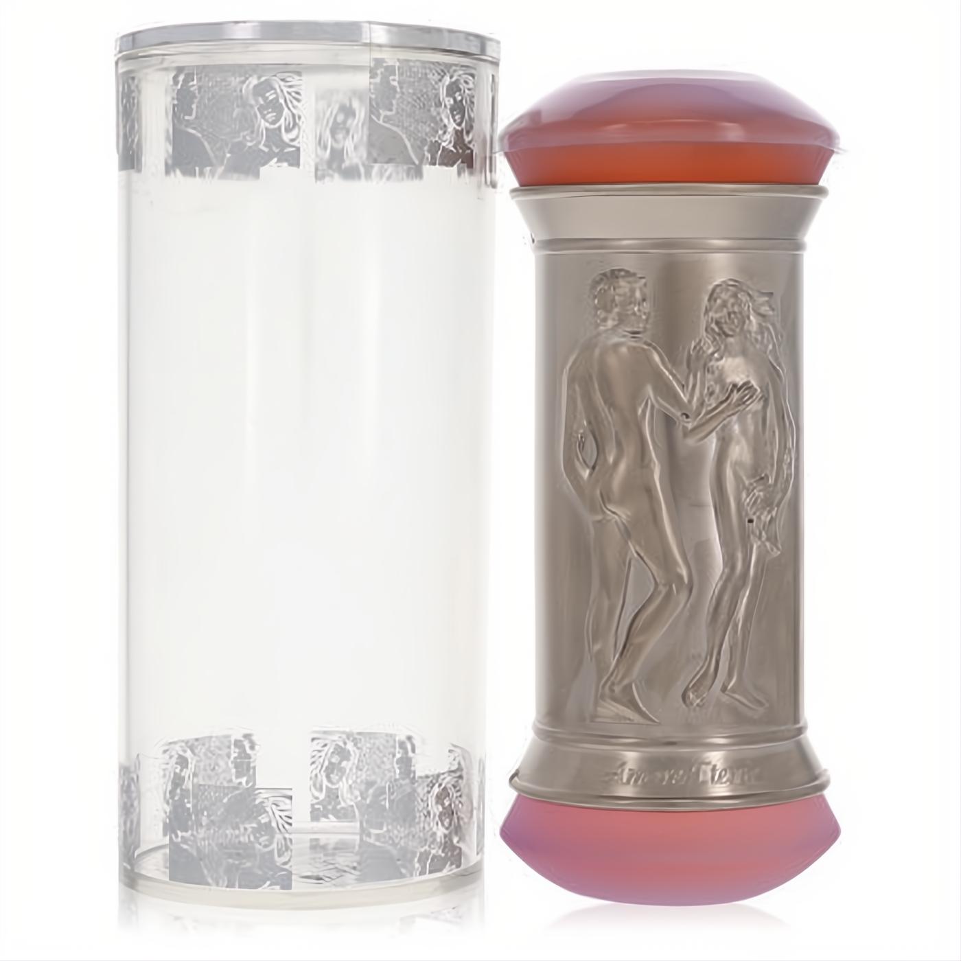 Experience Amore Eterno men's cologne: elegant silver bottle with embossed romantic figures, vibrant orange cap, and clear decorative case.