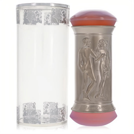 Experience Amore Eterno men's cologne: elegant silver bottle with embossed romantic figures, vibrant orange cap, and clear decorative case.