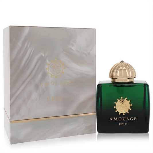 Amouage Epic 3.4 oz women's Eau De Parfum. Stunning emerald green bottle, gold cap, and iridescent white box.
