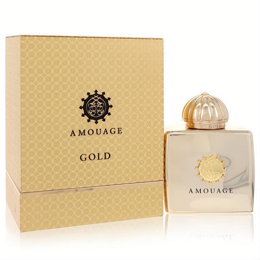 Amouage Gold 3.4 oz women's EDP. Luxurious gold bottle with a distinctive ridged cap, beside its elegant textured box.