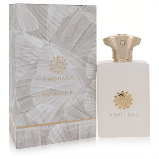 Amouage Honour men's Eau De Parfum. Sophisticated frosted white bottle with a unique gold cap and pearl, beside its elegant patterned box.