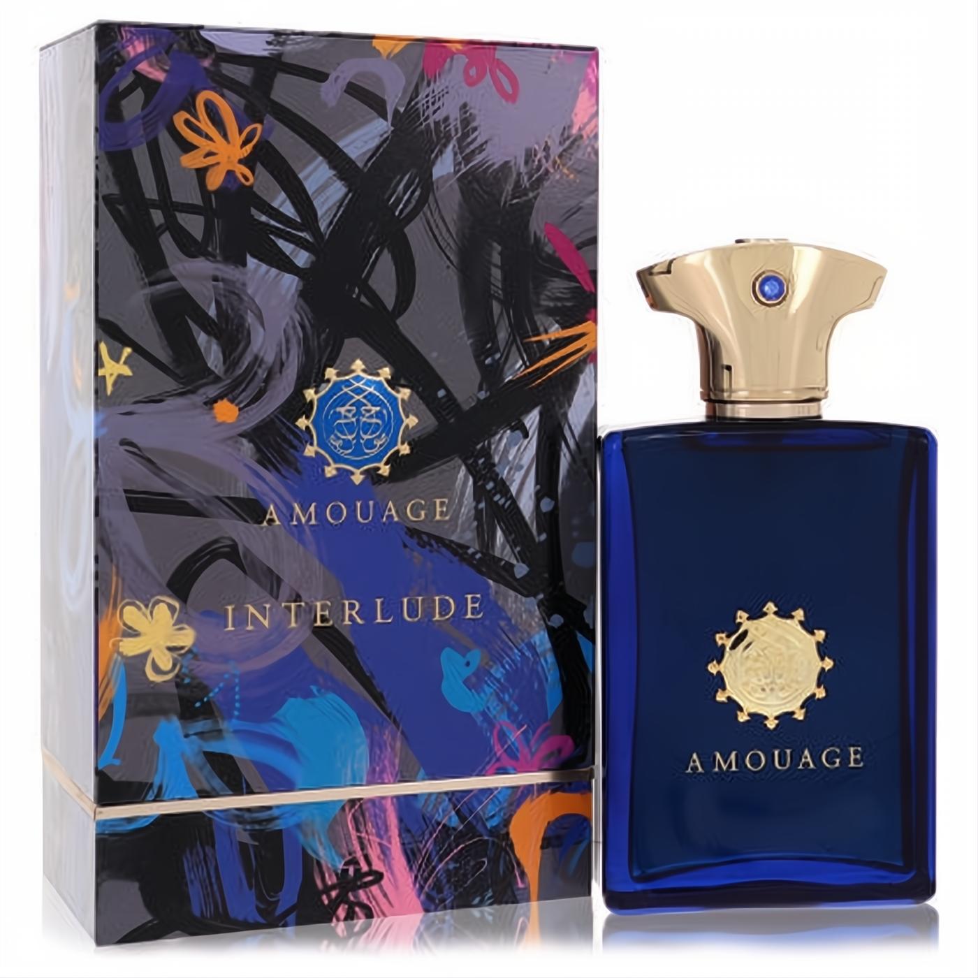 Amouage Interlude 3.4 oz men's EDP: elegant dark blue glass bottle with gold cap, blue gem, and vibrant abstract art box.
