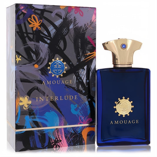 Amouage Interlude 3.4 oz men's EDP: elegant dark blue glass bottle with gold cap, blue gem, and vibrant abstract art box.