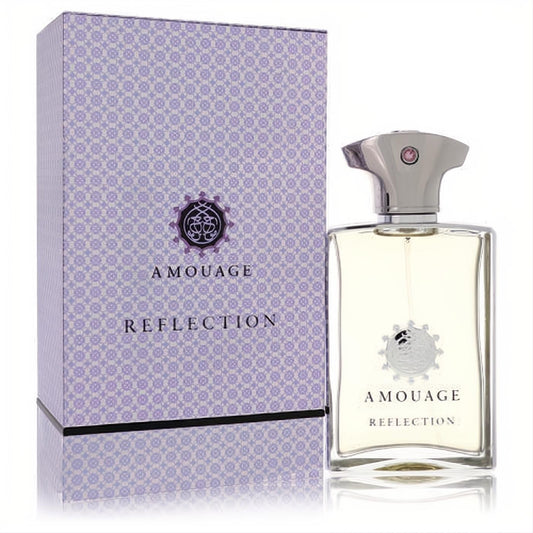 Amouage Reflection men's 3.4 oz EDP. Clear glass bottle with elegant silver cap, purple gem detail, and a sophisticated lavender patterned box.