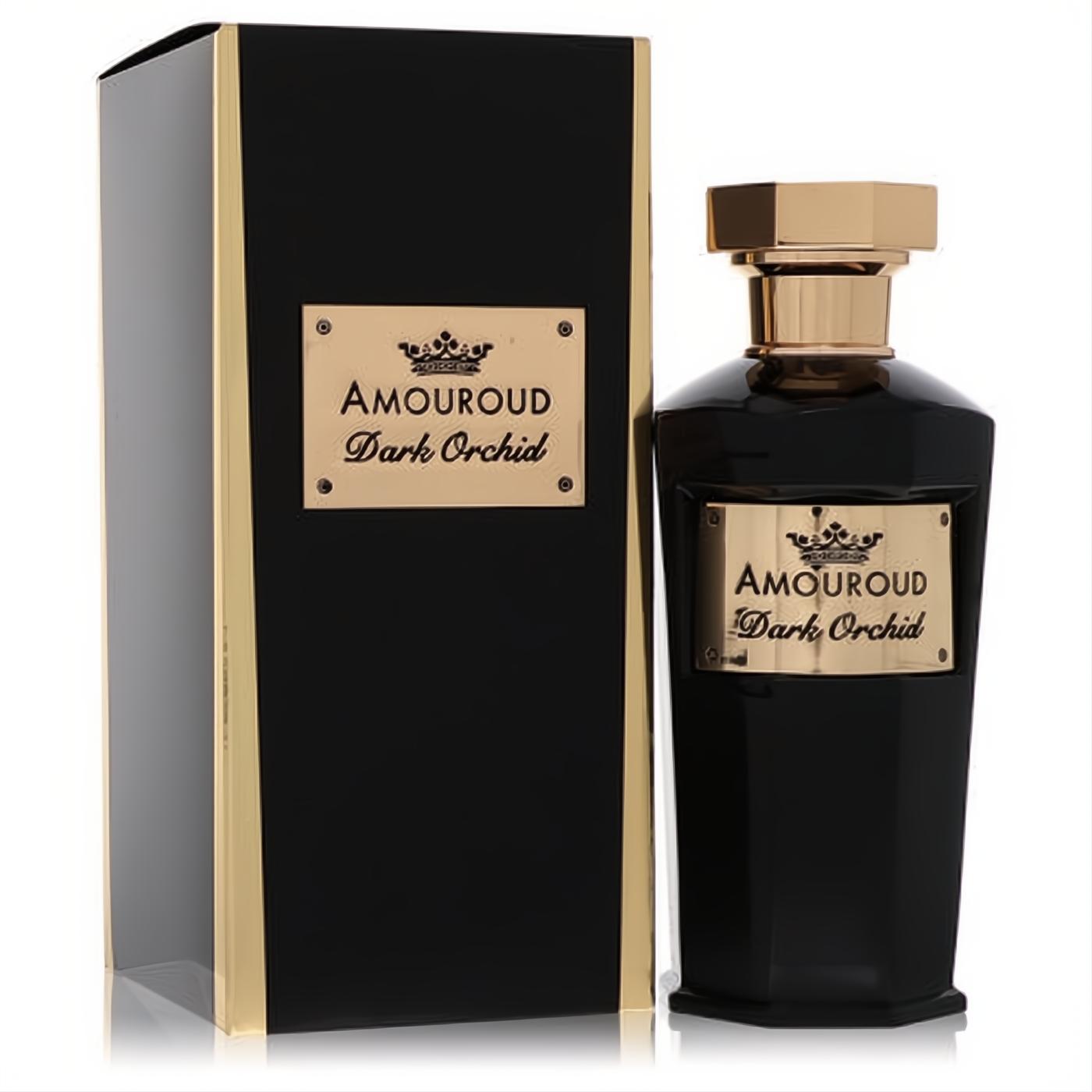 Amouroud Dark Orchid fragrance. Sophisticated black faceted bottle with a radiant gold cap and label, alongside its matching black and gold box.