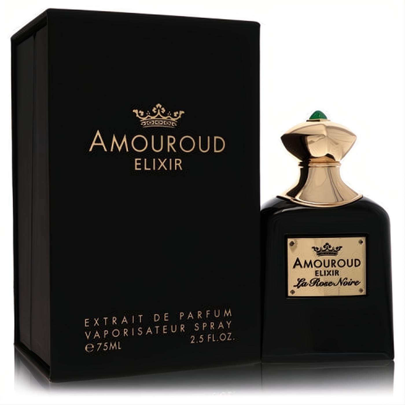 Amouroud Elixir La Rose Noire 2.5 oz extrait de parfum. Sleek black bottle, opulent gold cap with green gem, and elegant black box.