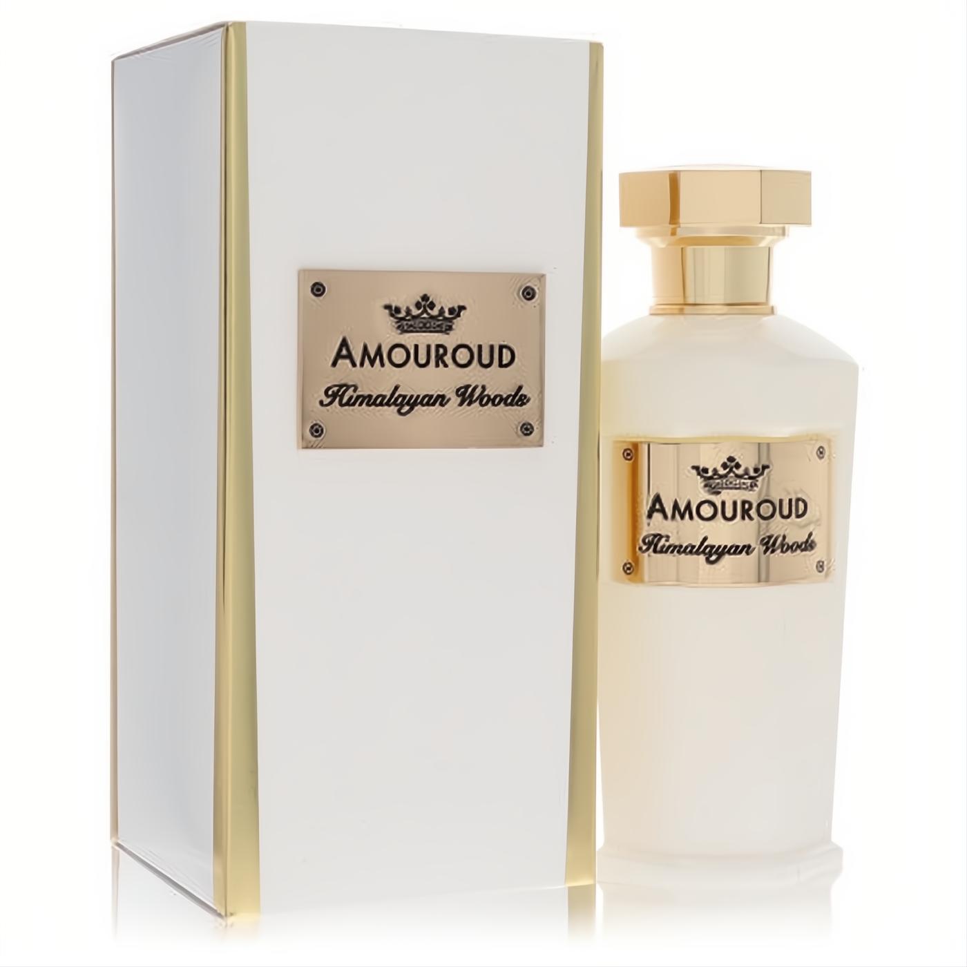 Exquisite Amouroud Himalayan Woods EDP. Creamy white bottle with a gleaming gold cap and elegant gold plaque. Matching white box with gold accents.