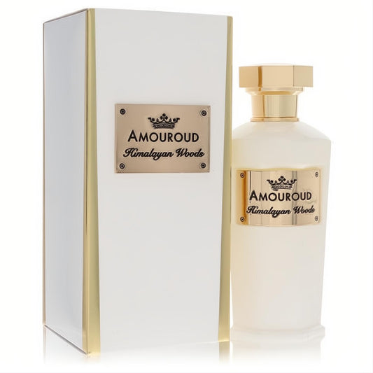 Exquisite Amouroud Himalayan Woods EDP. Creamy white bottle with a gleaming gold cap and elegant gold plaque. Matching white box with gold accents.