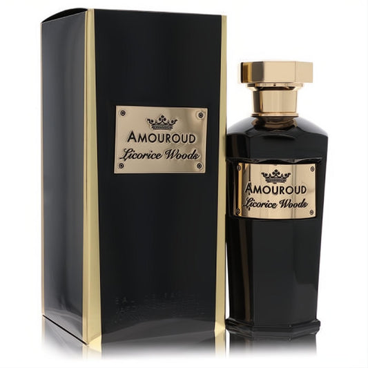 Amouroud Licorice Woods 3.4 oz unisex EDP. Elegant black glass bottle with a gold cap and label, presented with its matching luxury box.