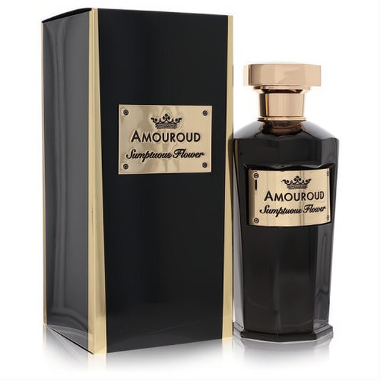 Amouroud Sumptuous Flower 3.4 oz EDP. Sleek black glass bottle with gold cap and label, paired with a matching elegant black box.