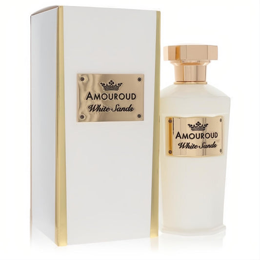 Amouroud White Sands 3.4 oz women's EDP. Elegant white bottle with gold cap and label, next to its matching white and gold box.
