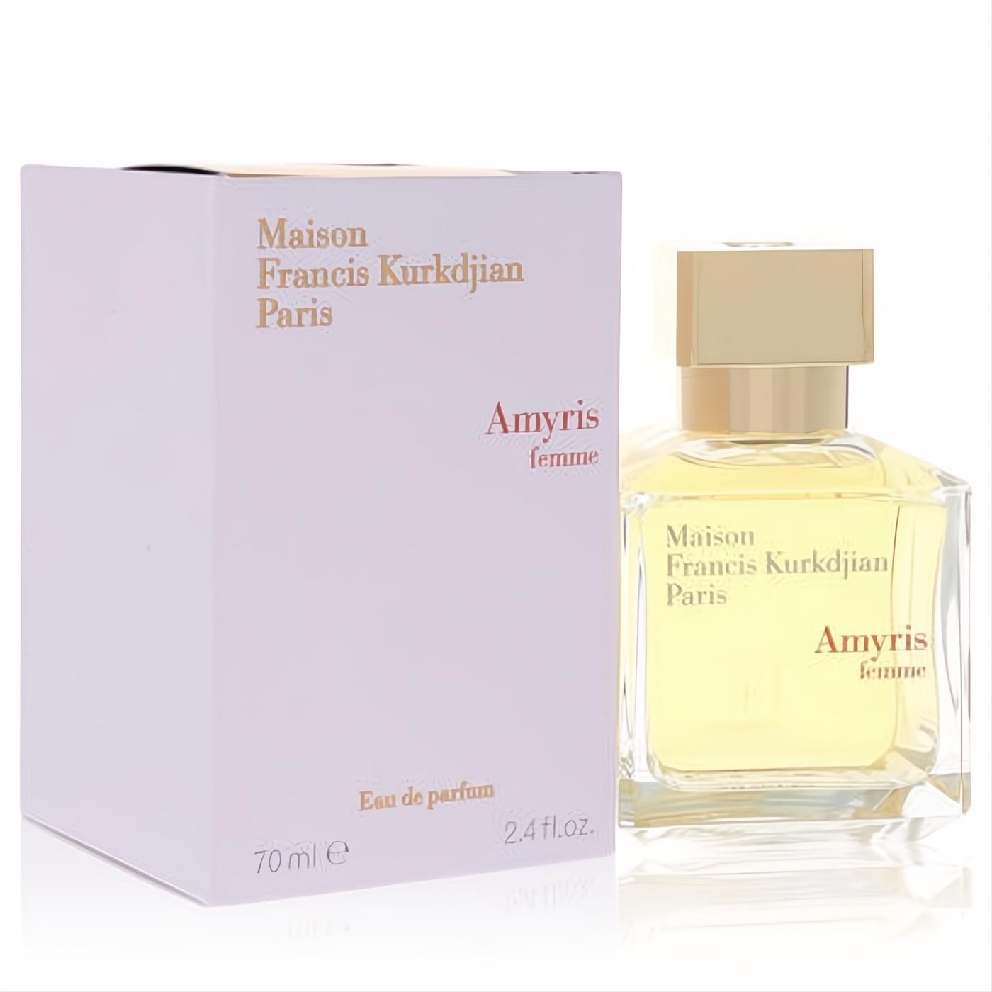 Sophisticated Amyris Femme women's 2.4 oz EDP by MFK: clear glass bottle, pale yellow liquid, gold cap, and white box.