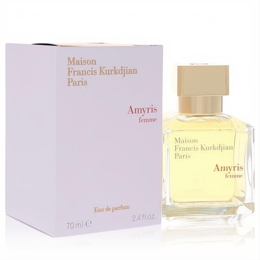 Sophisticated Amyris Femme women's 2.4 oz EDP by MFK: clear glass bottle, pale yellow liquid, gold cap, and white box.