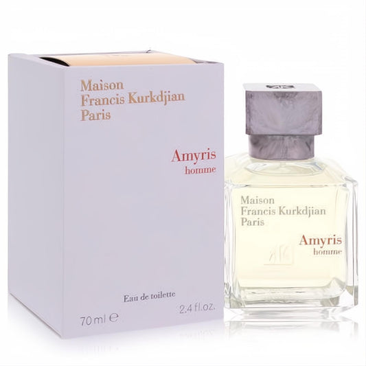 Amyris Homme 2.4 oz EDT. Refined clear glass bottle with sleek silver cap, beside its elegant white and gold box.