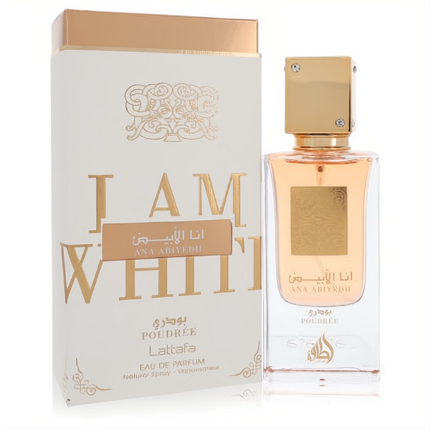 Luxurious Lattafa Ana Abiyedh I Am White Poudree 2 oz unisex perfume. Elegant clear bottle, gold cap, and white & gold box.