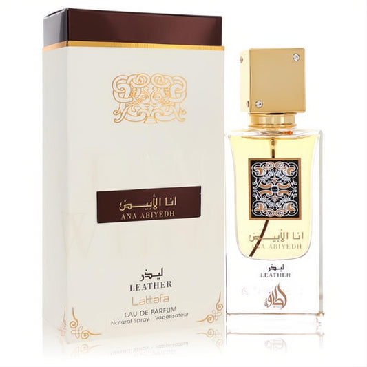 Luxurious Ana Abiyedh Leather Lattafa unisex EDP spray bottle with gold cap and elegant white box.