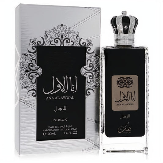 Elegant Ana Al Awwal by Nusuk 3.4 oz men's EDP in a sleek black bottle with a majestic silver crown cap and matching box.