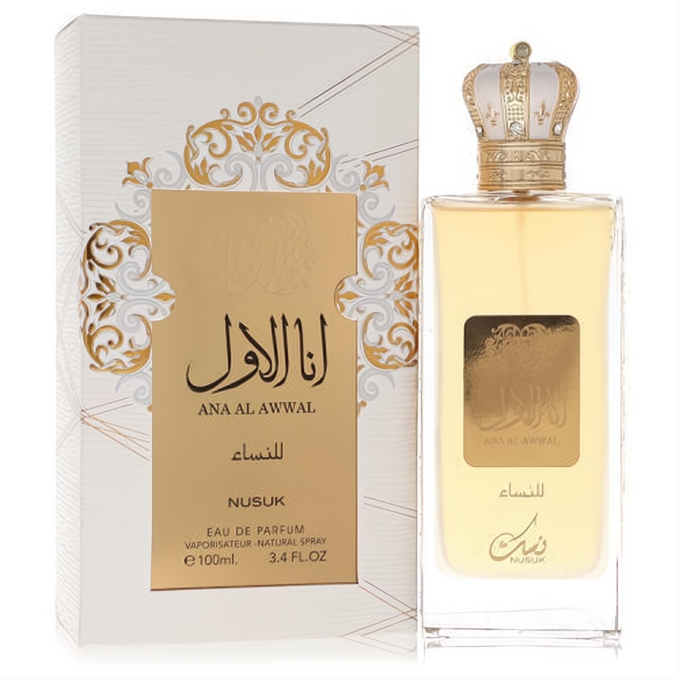 Luxurious Ana Al Awwal Nusuk 3.4 oz women's EDP in a clear bottle with a stunning gold crown cap and ornate white box.