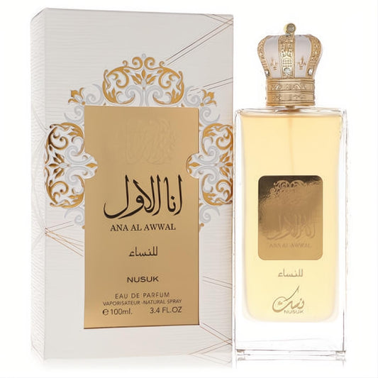 Luxurious Ana Al Awwal Nusuk 3.4 oz women's EDP in a clear bottle with a stunning gold crown cap and ornate white box.