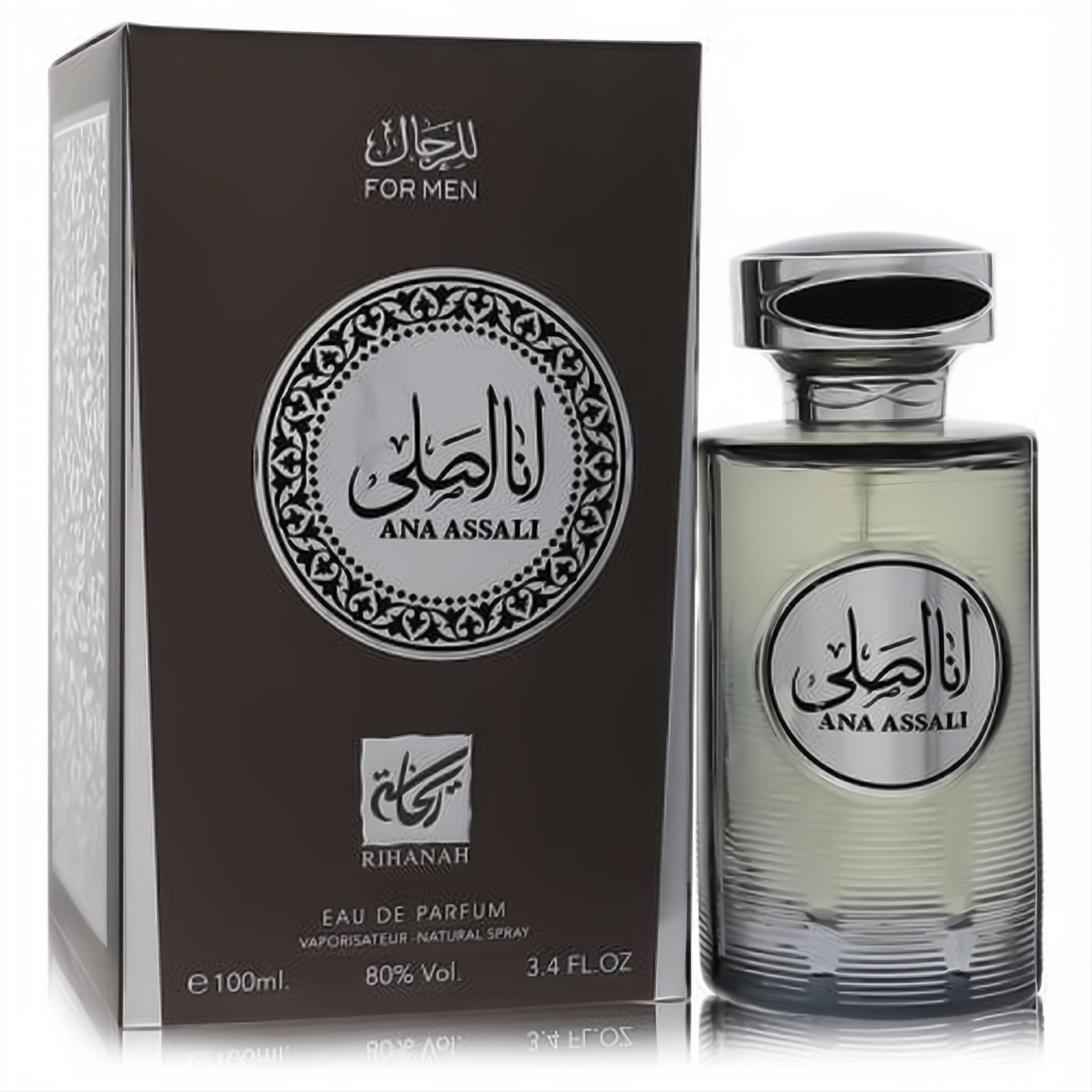 Luxurious Ana Assali by Rihanah 3.4 oz unisex EDP. Clear ribbed bottle, silver cap, and sophisticated dark brown box with Arabic script.