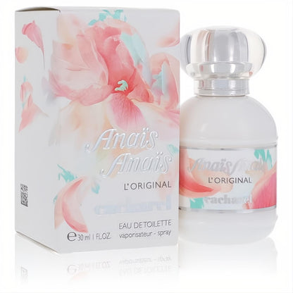 Anais Anais L'Original by Cacharel 1 oz Eau De Toilette spray. Elegant white bottle and box with delicate pink floral design.