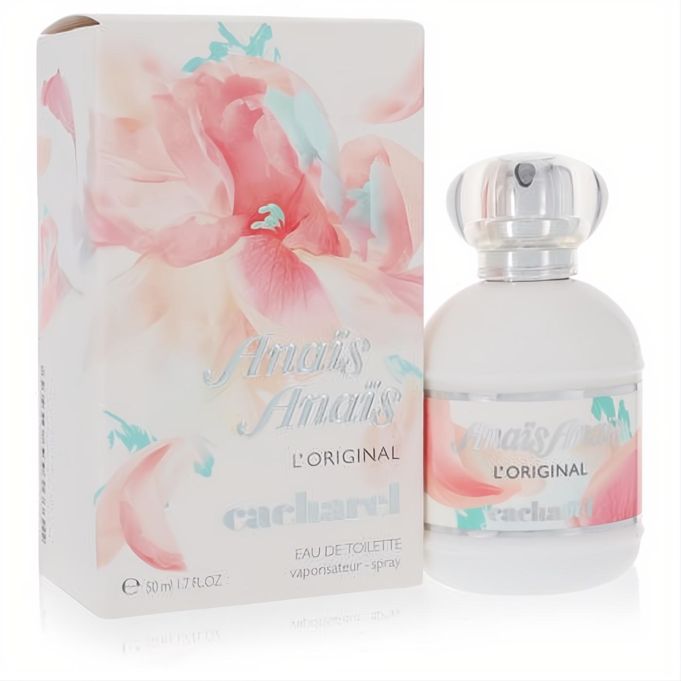 Iconic Anais Anais L'Original Cacharel 1.7 oz EDT spray. Beautiful white bottle and matching floral box with pink and teal design.