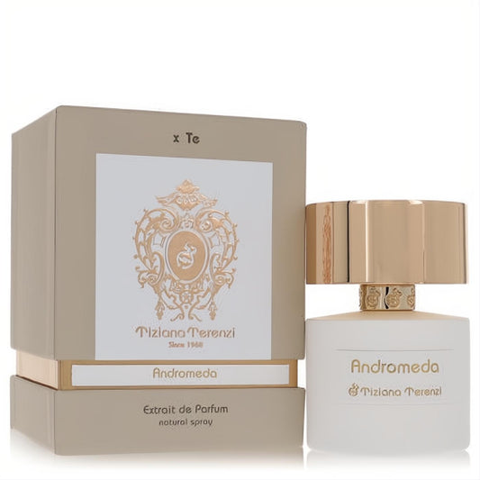 Luxurious Andromeda by Tiziana Terenzi Extrait De Parfum. White bottle with ornate gold cap and elegant beige gift box.