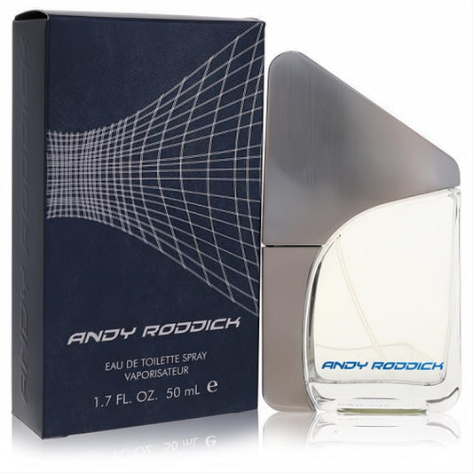 Andy Roddick by Parlux 1.7 oz EDT spray. Bold clear glass bottle with angular silver cap and a striking dark blue geometric box.