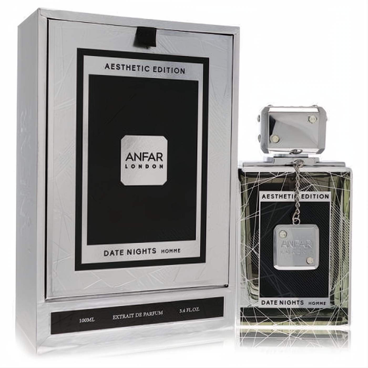 Anfar Date Nights Homme 3.4 oz Extrait De Parfum. Sleek silver box and elegant glass bottle with black and chrome details.