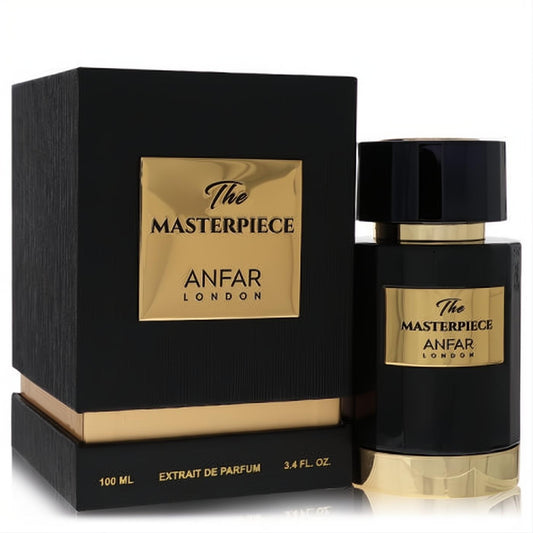 Elegant black Anfar The Masterpiece Eau De Parfum 3.4 oz bottle and box, featuring striking gold labels and accents.