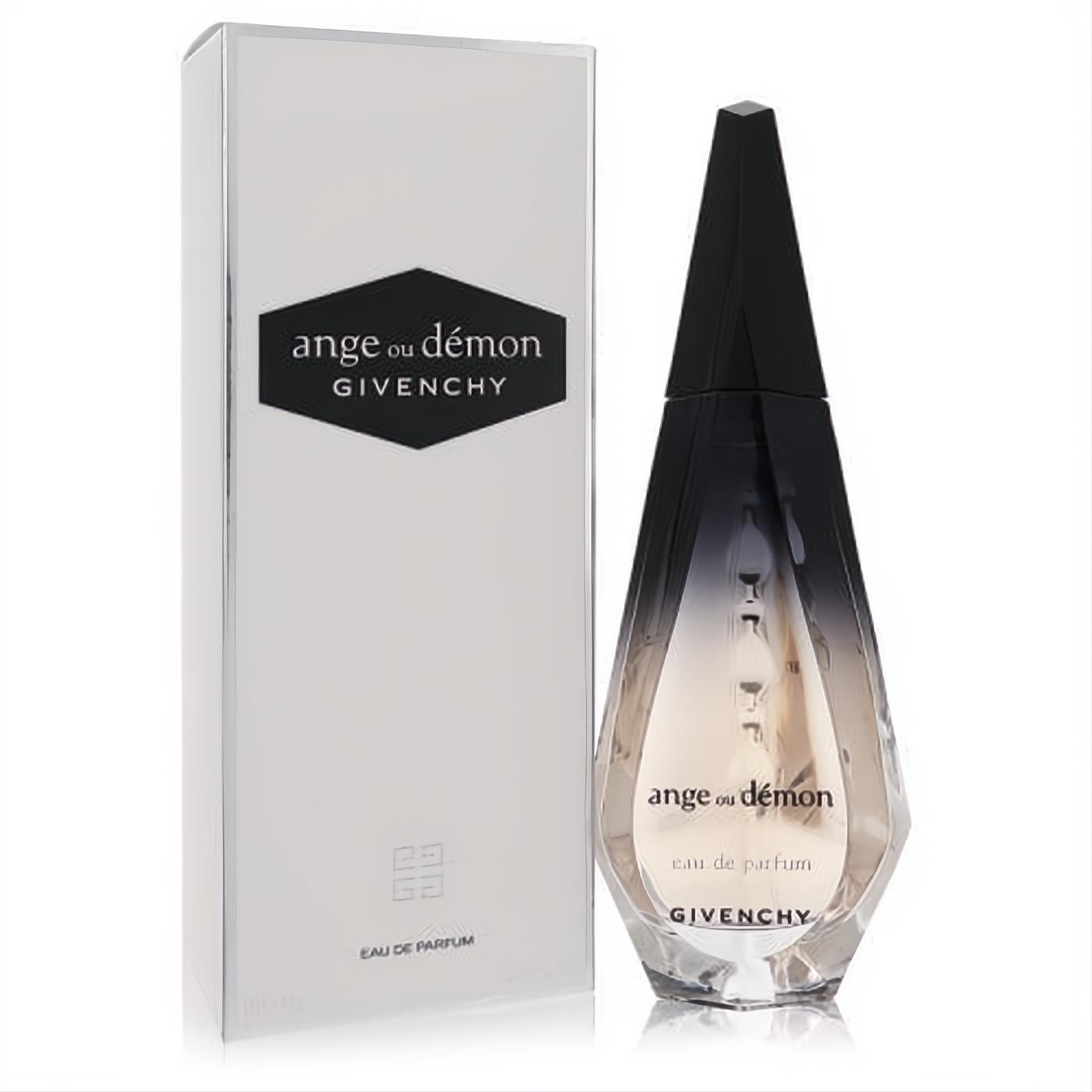 Captivating Givenchy Ange Ou Demon Eau De Parfum spray in its iconic faceted black-to-clear ombre glass bottle and elegant white box.