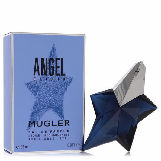Thierry Mugler Angel Elixir .8 oz women's perfume. Striking dark blue star-shaped glass bottle with sleek silver cap, beside its light blue box.