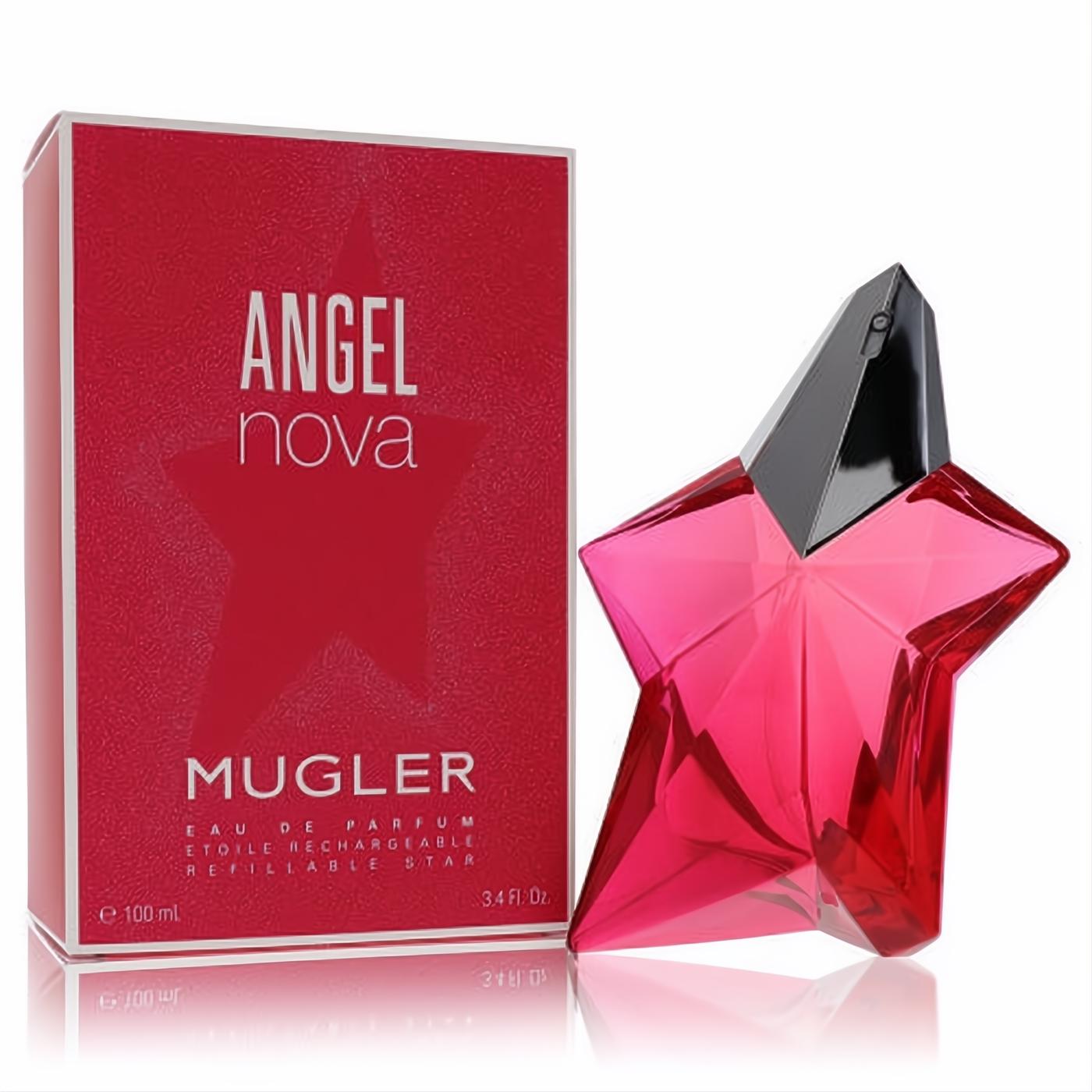 Vibrant pink Angel Nova by Mugler 3.4 oz refillable star perfume bottle next to its elegant matching box.